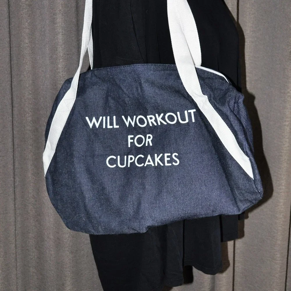 NWOT Private Party "Will Workout for Cupcakes" Denim Gym Bag - Picture 1 of 10
